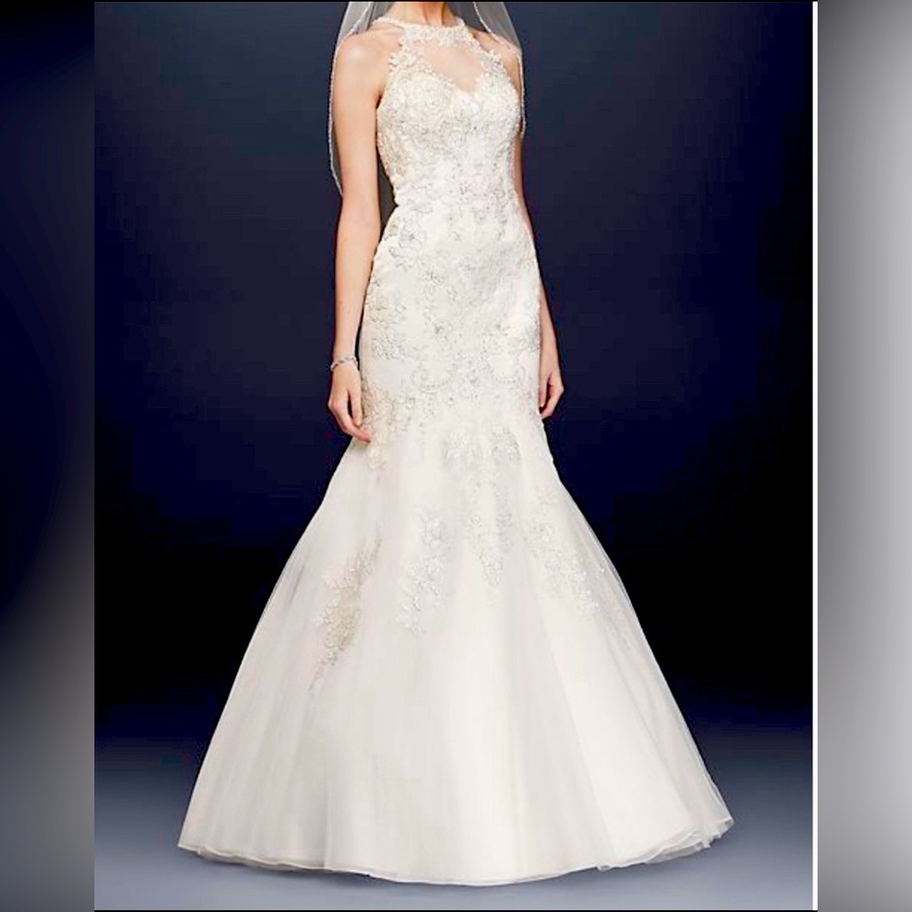 Jewel by David’s Bridal- lace-appliqued illusion neckline